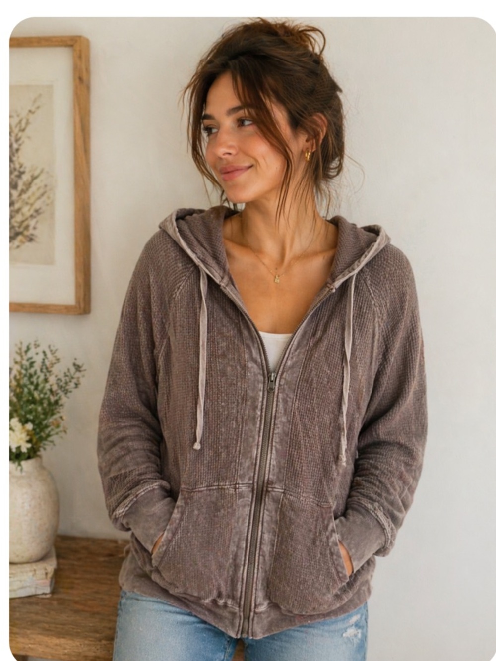 Mono B Washed Taupe Zip-Up Hoodie